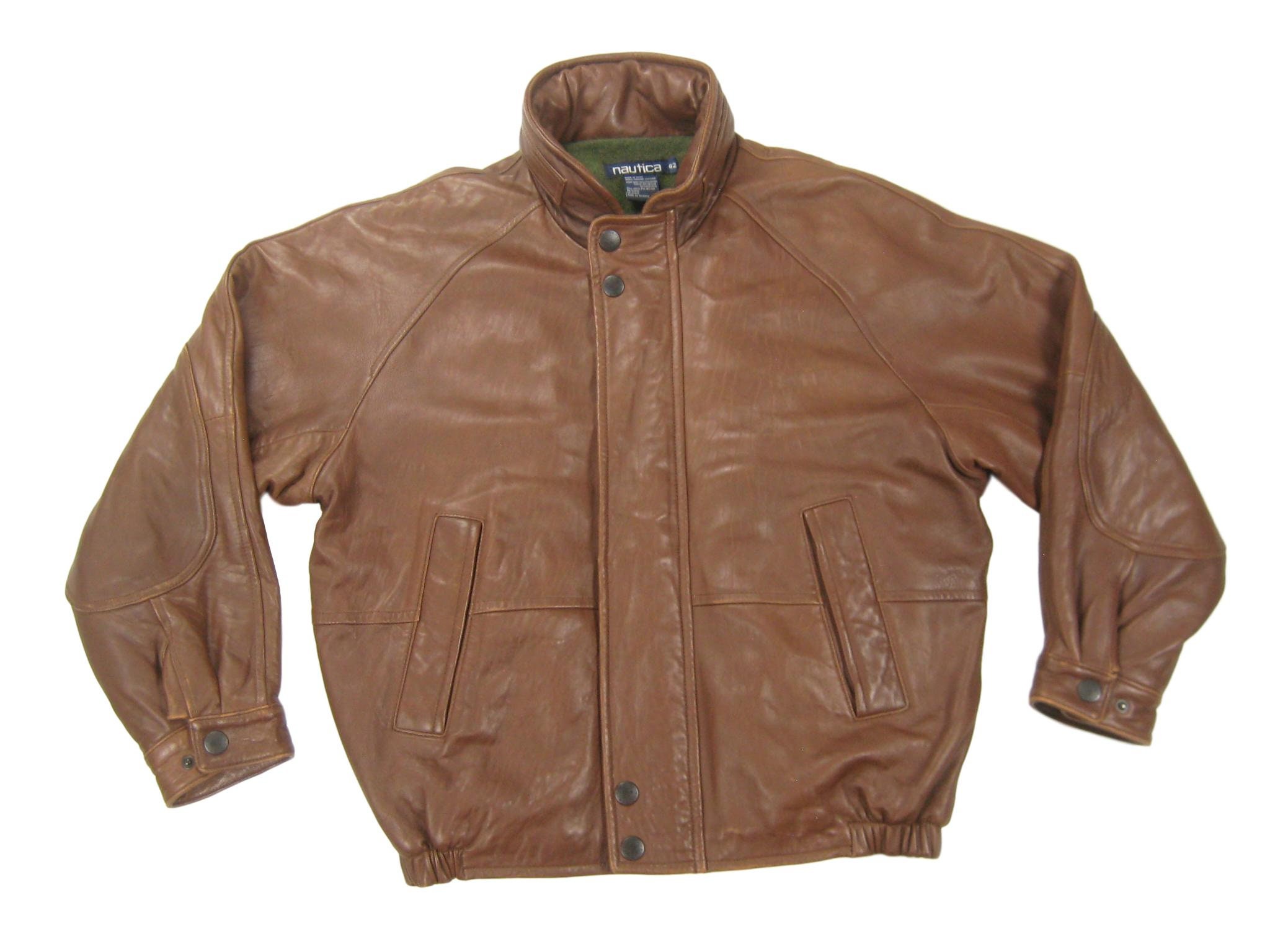 1990s Nautica Leather Bomber Jacket Vintage Retro Brown Hip Hop 