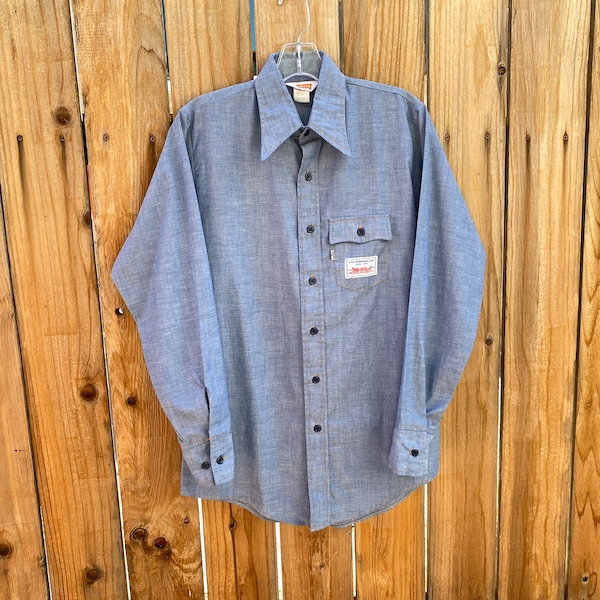 1970s/1980s Levi’s Chambray Shirt Vintage Youth Size White Tab Blue Cotton Blend Western CPO Style Button Up Long Sleeve 20 XS/S