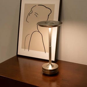 May include: A silver table lamp with a round, flat top and a cylindrical base. The lamp is turned on and illuminating the room.