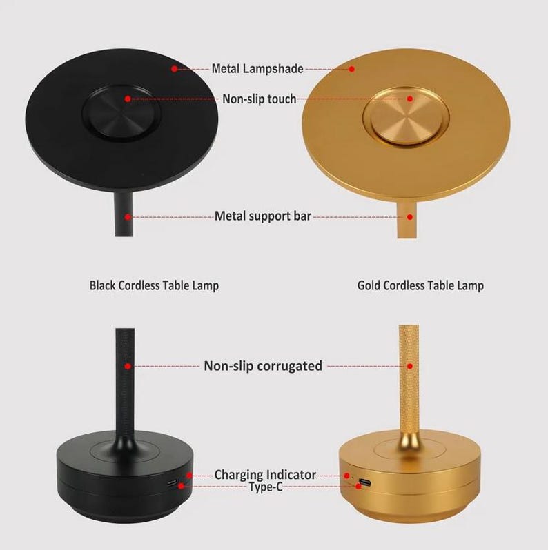 May include: A black and gold cordless table lamp with a metal lampshade, non-slip touch, metal support bar, non-slip corrugated base, and a charging indicator with a Type-C port.
