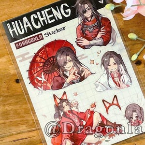 Puede incluir: Una hoja de pegatinas con múltiples ilustraciones de un personaje con atuendos rojos y blancos. La hoja incluye el texto "HUA CHENG" y "Sticker" junto con el nombre del artista, "@DragonlaArt".