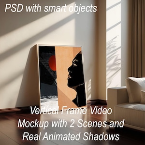 Vertikales Videorahmen-Mockup mit echt botanischem animiertem Schatten-Overlay, Wandkunst-Mockup-Video, PSD-Datei mit Smart Objekt, MP4 Video Mockup
