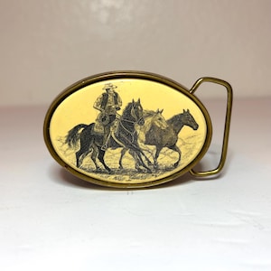 1983 Cowboy on Horseback Solid Brass Vintage Belt Buckle by Barlow, Made in USA