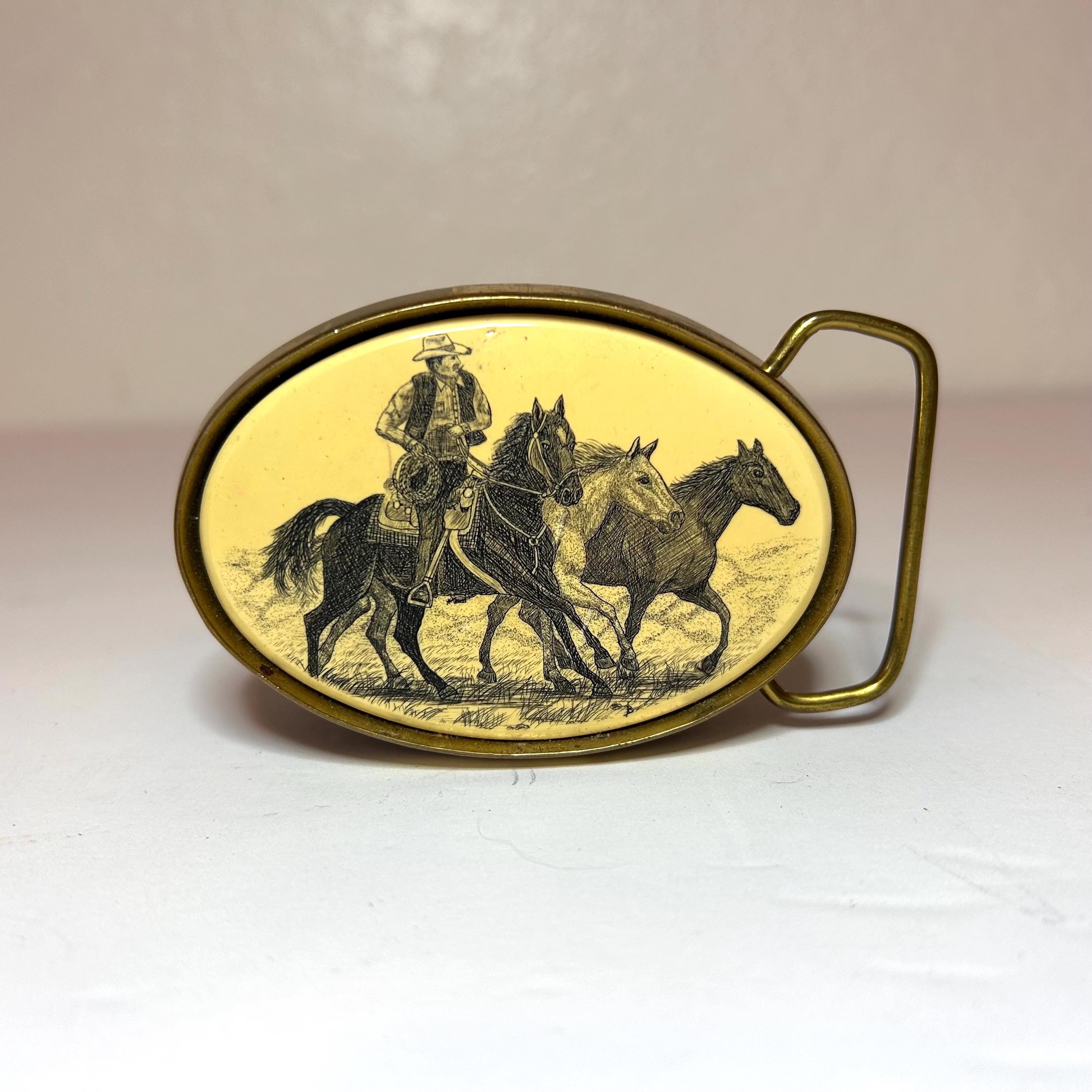 1983 Cowboy on Horseback Solid Brass Vintage Belt Buckle by 