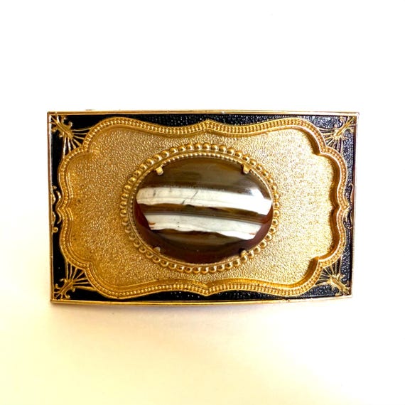 Agate Stone Ornate Gold & Black Border Vintage Belt Buckle  display picture 1