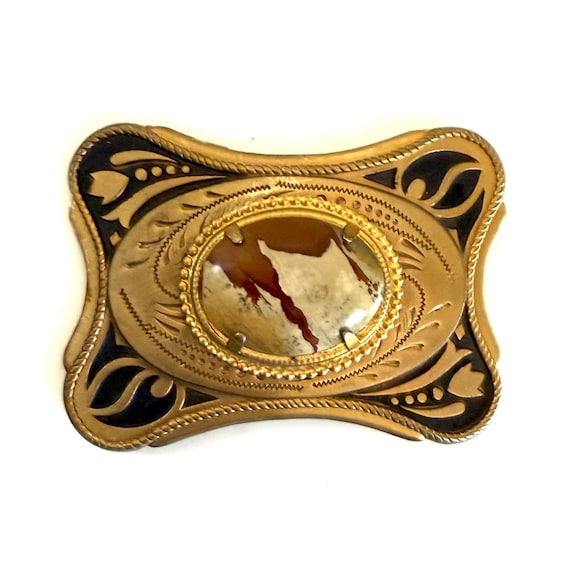 Vintage Gold and Black Western Ornate Belt Buckle With Malachite Center Natural Malachite Stone Belt Buckle: Gold & Black Metal  main image 2