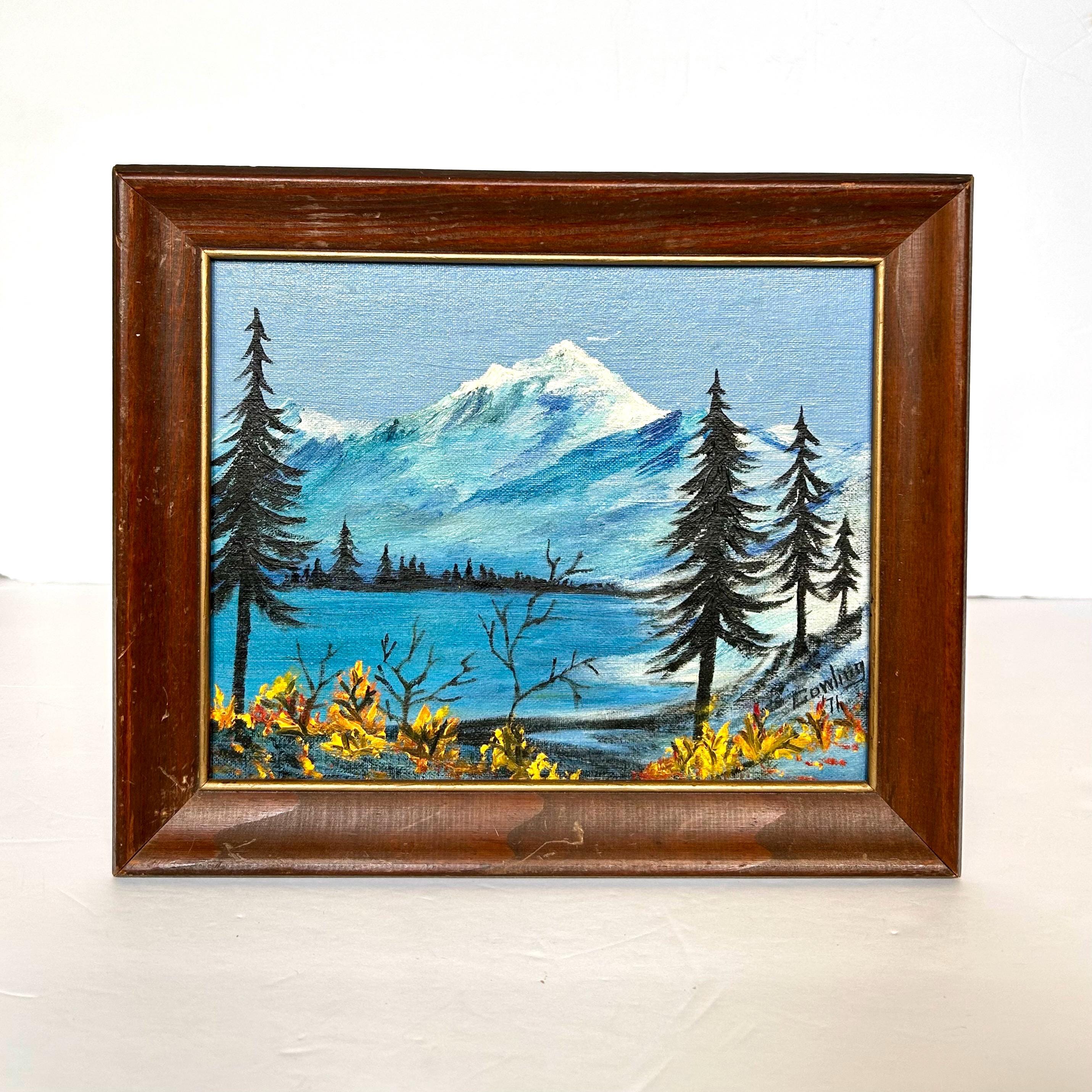 1971年 湖と山の風景を描いたオリジナル油絵（木枠入り、カウリングの