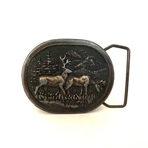 1981 Bucks Grazing Brass Plated Vintage Belt Buckle by Spec Cast - Made in Denver, Colorado, USA - Design #5791