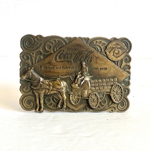 1976 &quot;Drink Coca Cola, Delicious and Refreshing 1901-1976&quot; Solid Brass Vintage Belt Buckle by Bergamot Brass Works, Made in Wisconsin, USA