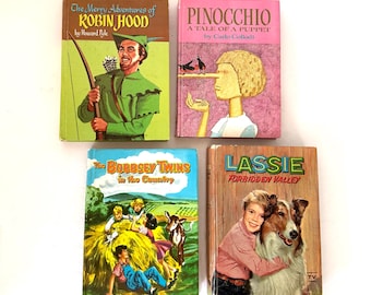 1950年代のハードカバーの子供向け物語4冊セット - ピノキオ、ロビンフッド、ボブシーツインズ、ラッシー