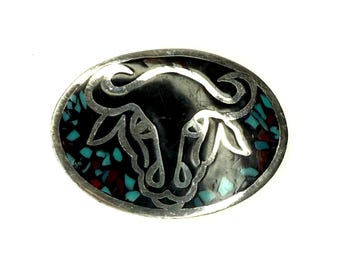 Inlaid Crushed Turquoise Bull Silver Vintage Belt Buckle by  display picture 3
