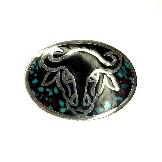 Inlaid Crushed Turquoise Bull Silver Vintage Belt Buckle by  display picture 1