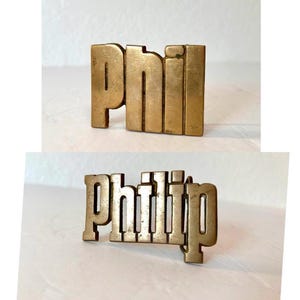 1970&#39;s &quot;Phil&quot; and &quot;Philip&quot; Solid Brass Vintage Belt Buckles by Baron Belt Buckles - Made in Taiwan
