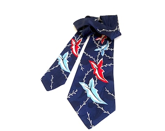 1940’s Vintage Neck Tie "All Silk Exclusive" Leaf Pattern - Red, White and Blue