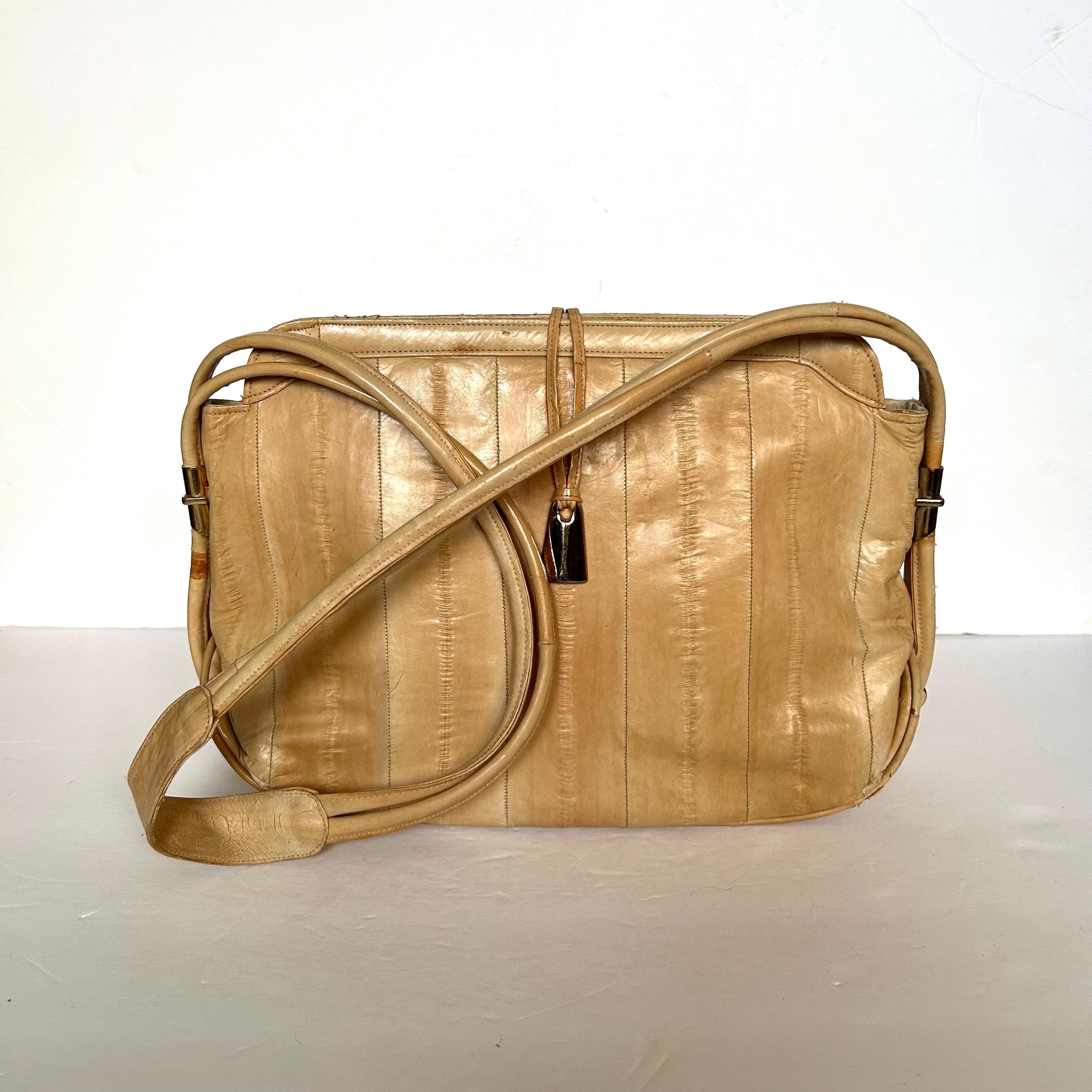 Genuine Eel Skin Vintage Shoulder Bag, Made in Korea, Tan Color 