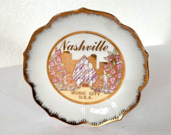 Prato de lembrança de mica chokin vintage “Nashville Music City USA” em ouro 24K, feito por Scotty no Japão