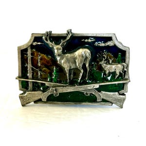 1982 Hunting Solid Pewter Vintage Belt Buckle by Siskiyou Buckle Co. - Bucks with Rifles in the Forest, Serial #S-10