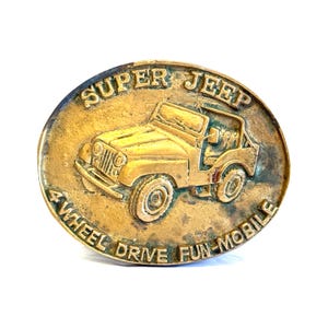Vintage &quot;Super Jeep Allradantrieb Fun-Mobile&quot; Massivmessing Gürtelschnalle, R.O.C. Taiwan, Los Angeles, #691