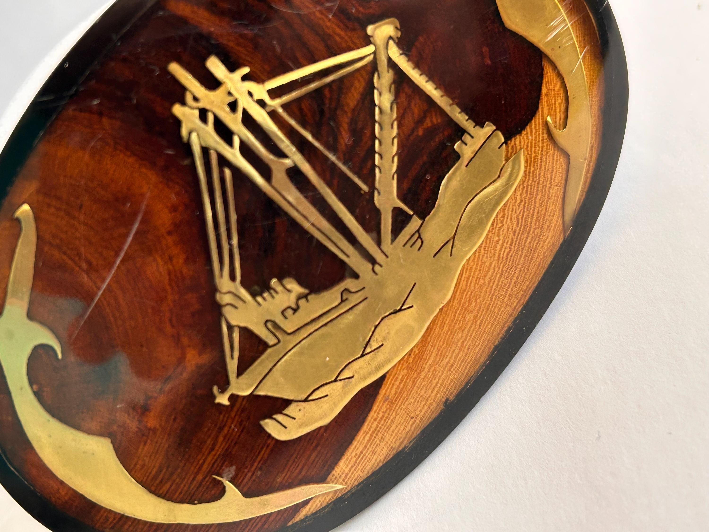 Ship Inlay Damascene Schooner Sailing Ship Wooden Vintage Belt Buckle With Gold ...