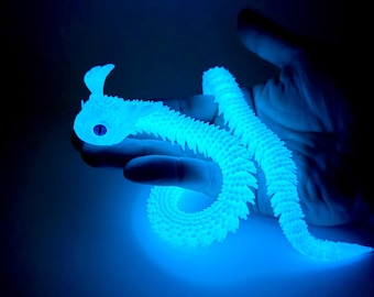 Articulated Crystal Dragon Fidget Toy | 3D Printed Winged Snake | Rainbow Sensory Desk Toy | Stress Relief Gift, Glow in the Dark