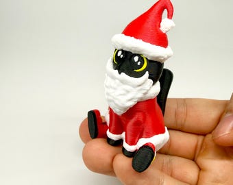 Cute Santa Black Cat Figurine - 3D Printed Christmas Decoration - Tuxedo Cat Lover Gift - Funny Holiday Desk Decor - Stocking Stuffer
