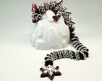 Articulated Gingerbread Dragon, 3D Printed Christmas Fidget Toy, Snowflake Winter Dragon Decor, Unique Holiday Gift & Stocking Stuffer