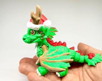 Articulated Christmas Dragon Fidget Toy - 3D Printed Reindeer Dragon Figure - Green Holiday Decor - Cute Xmas Stocking Stuffer Gift for Kids