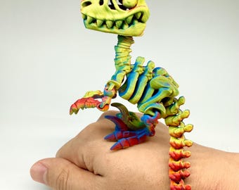 Articulated Dinosaur Fidget Toy, 3D Printed Velociraptor Skeleton, Rainbow Desk Buddy & Stress Relief Gift, Sensory Toy for ADHD Focus