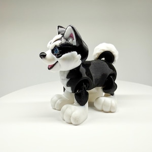 Gelede husky-beeldje | 3D-geprinte poseable Siberische husky hondentafel huisdier | Zwart-wit puppyliefhebber cadeau fidgetspeeltje