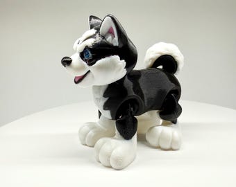Articulated Husky Figurine | 3D Printed Poseable Siberian Husky Dog Desk Pet | Black & White Puppy Lover Gift Fidget Toy