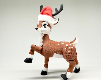 Cute Articulated Reindeer Fidget Toy - 3D Printed Christmas Deer with Santa Hat - Holiday Decor Stocking Stuffer - Posable Baby Fawn Gift