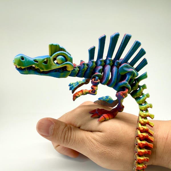 Articulated Spinosaurus Fidget Toy, Rainbow Dinosaur Skeleton, 3D Printed Desk Pet, Sensory ADHD Stress Relief Toy, Dino Lover Gift