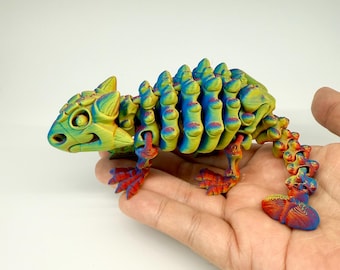 Articulated Armor Dragon Fidget Toy, 3D Printed Ankylosaurus, Rainbow Desk Pet, Stress Relief Sensory Toy, Unique Geek D&D Gift