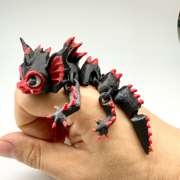 Articulated Vampire Dragon Fidget Toy, 3D Printed Black and Red Bat Dragon, Gothic Desk Pet, Fantasy Creature Figurine, Stress Relief Toy