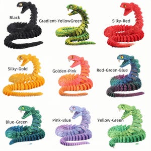 May include: A collection of colorful, articulated snake toys in various shades. The snakes include black, gradient yellow-green, silky-red, silky-gold, golden-pink, red-green-blue, blue-green, pink-blue, and yellow-green. Each snake has a detailed head and body.