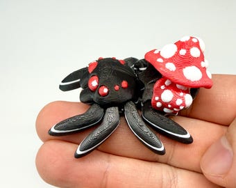 Cute Mushroom Spider Fidget Toy - 3D Printed Articulated Animal - Spooky Cottagecore Desk Pet - Red Toadstool Decor - Halloween Sensory Gift