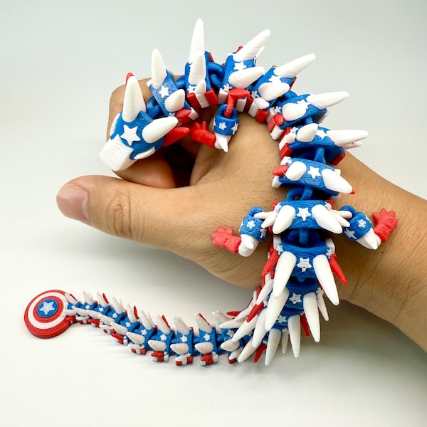 Captain America Inspired Articulated Dragon, 3D Printed Superhero Fidget Toy, Flexi Marvel Fan Gift, Avengers Desk Buddy Decor