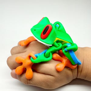Può includere: Un giocattolo a forma di rana articolata e colorata con un corpo verde brillante, occhi rossi e neri e zampe arancioni. Gli arti e il corpo della rana sono collegati con giunture blu e gialle.