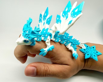 Articulated Snowflake Dragon Figurine | 3D Printed Poseable Crystal Dragon Desk Decor | Fantasy Creature Collectible - Pink or Blue