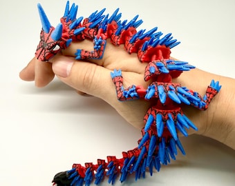 Red and Blue Crystal Dragon | Articulated 3D Printed Fidget Toy | 10 Inch Flexi Animal | Sensory Desk Pet for Boys and Girls | Fantasy Gift