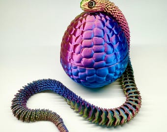 Articulated Fidget Snake in Egg, 3D Printed Viper Toy, Mystery Dragon Egg with Flexible Serpent, Rainbow Sensory Desk Toy,Stress Relief Gift