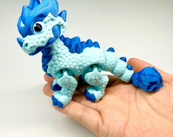 Articulated Cloud Dragon Fidget Toy - 3D Printed Ice Wolf Figurine - Cute Flexi Fantasy Animal - Blue Sensory Desk Pet - Stress Relief Gift