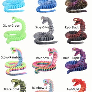 May include: A collection of articulated snake toys in various colors, including glow-in-the-dark blue and green, rainbow, and metallic shades. Each snake features a detailed head and body design, with text labels identifying each color variation.