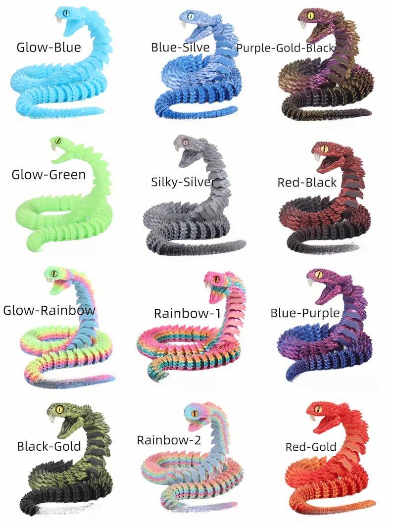 May include: A collection of articulated snake toys in various colors, including glow-in-the-dark blue and green, rainbow, and metallic shades. Each snake features a detailed head and body design, with text labels identifying each color variation.