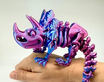 Articulated Crystal Triceratops, 3D Printed Fidget Toy, Flexible Dinosaur Desk Pet, Stress Relief ADHD Toy, Unique Gift for Kids and Adults