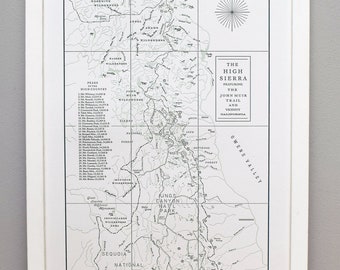 The High Sierra and the John Muir Trail Map, Letterpress, Wall Art Print