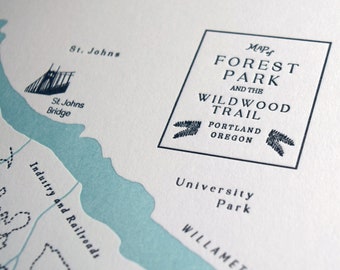 The Wildwood Trail and Forest Park Portland Oregon, Letterpress Map Print