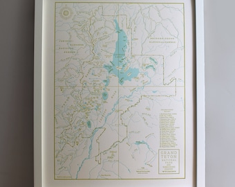 Grand Teton National Park, Jackson Hole, Letterpress Map, Wall art, Print