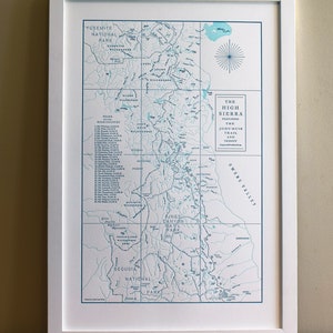 The High Sierra and the John Muir Trail Map, Letterpress, Wall Art Print