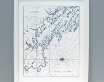 Portland Maine, Letterpress Map Art Print, Navy Blue